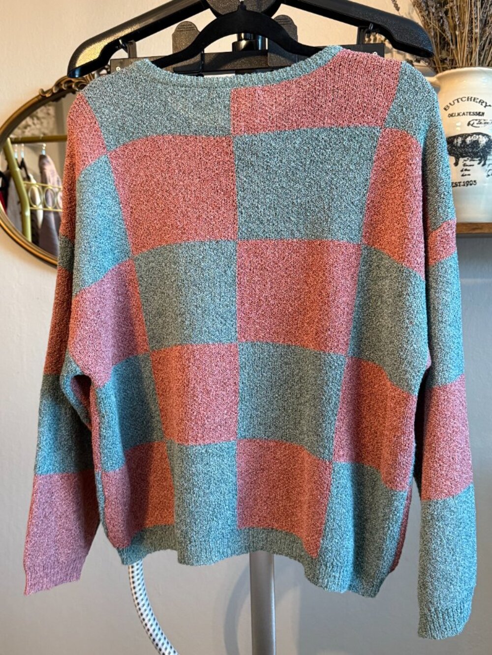 Olivaceous Oversized Checkerboard Sweater Pink Sage Green Size S NWOT - Picture 3 of 4